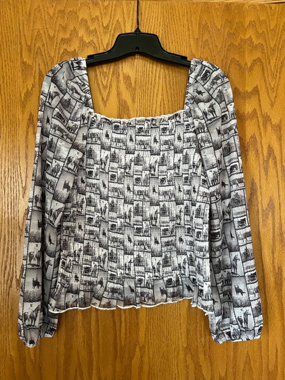 Smocked Square-Neck Blouse in Black & White